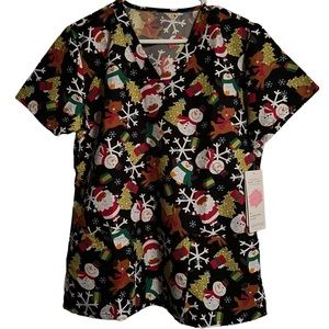 MicroFlex By Elite Med Christmas Print Black Short Sleeve Scrub Top Size L